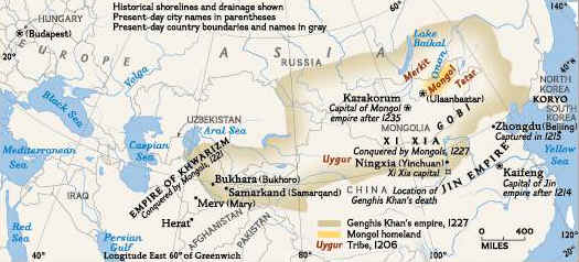 This map reflects the  Mongol Empire in 1227